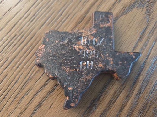 10 oz .999 Copper Texas Hand Pour – Rustic As-Poured reverse, exact item, SKU 10OZTEXAS