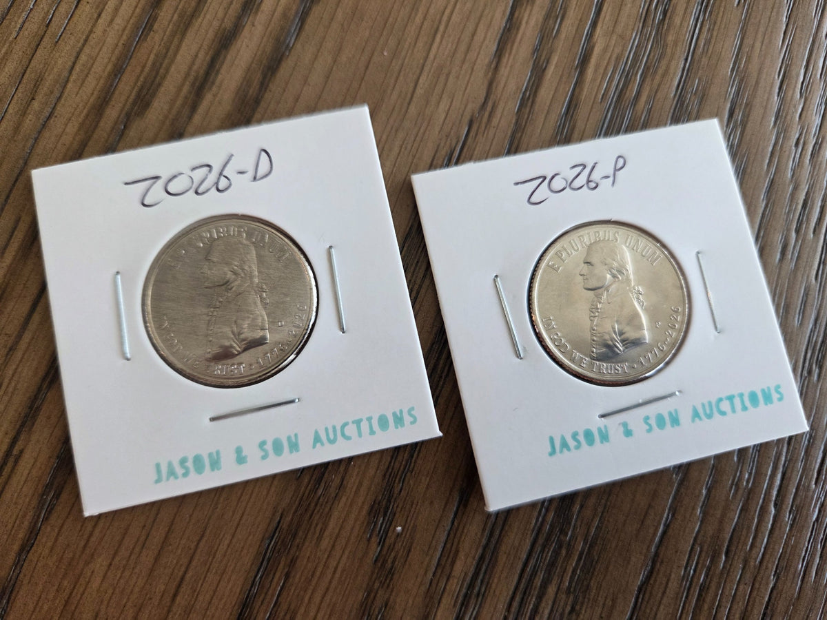2026 P and D Declaration of Independence quarter pair, obverse, photographed in coin holders