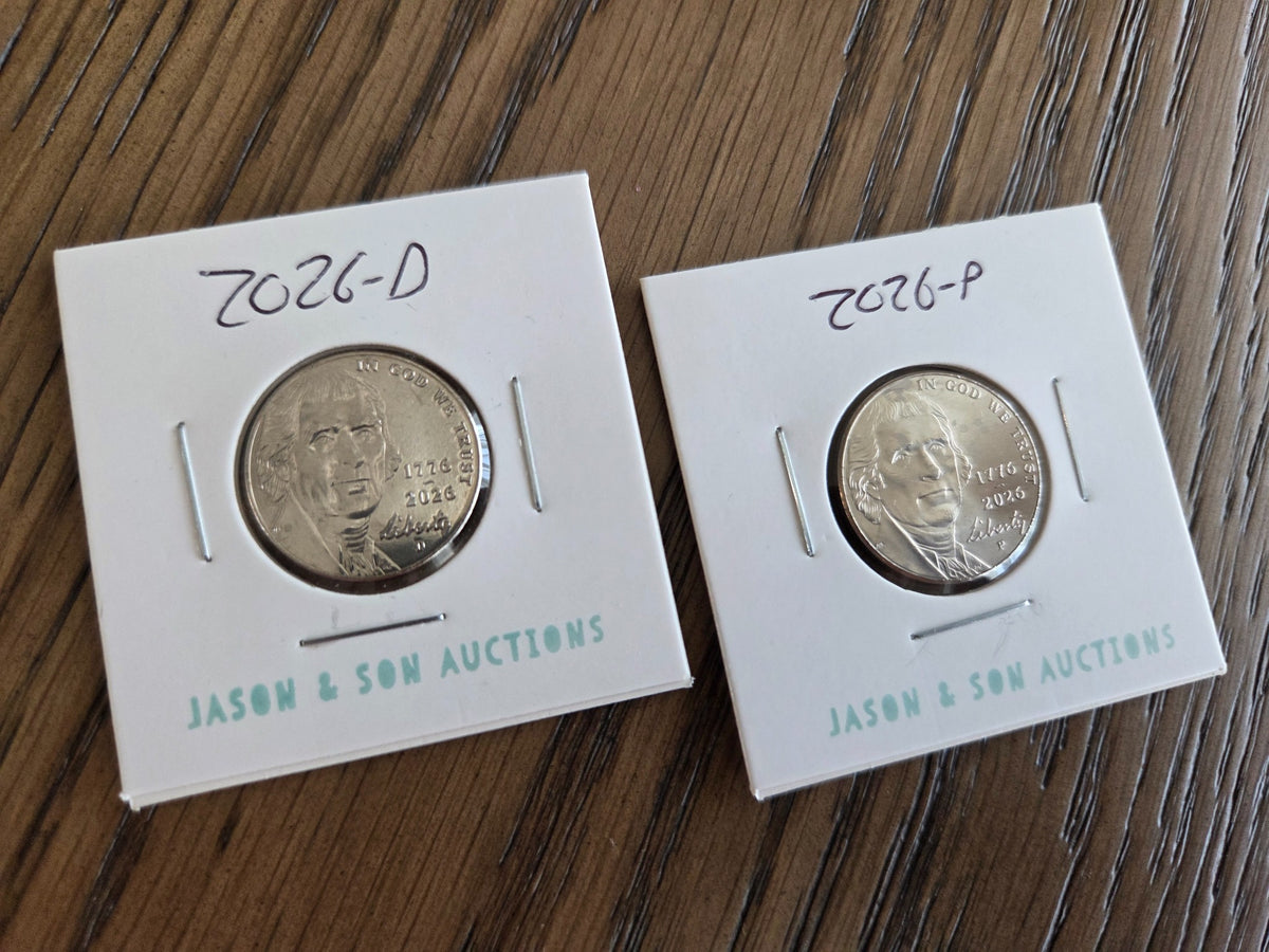 2026 P & D Jefferson Nickel Set – 1776–2026 Dual Date – 2 Coins — representative obverse photo; coins in protective flips