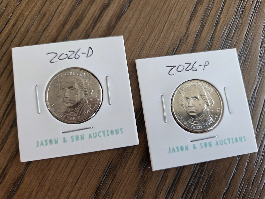 2026 P and D Revolutionary War quarter pair, obverse, photographed in coin holders