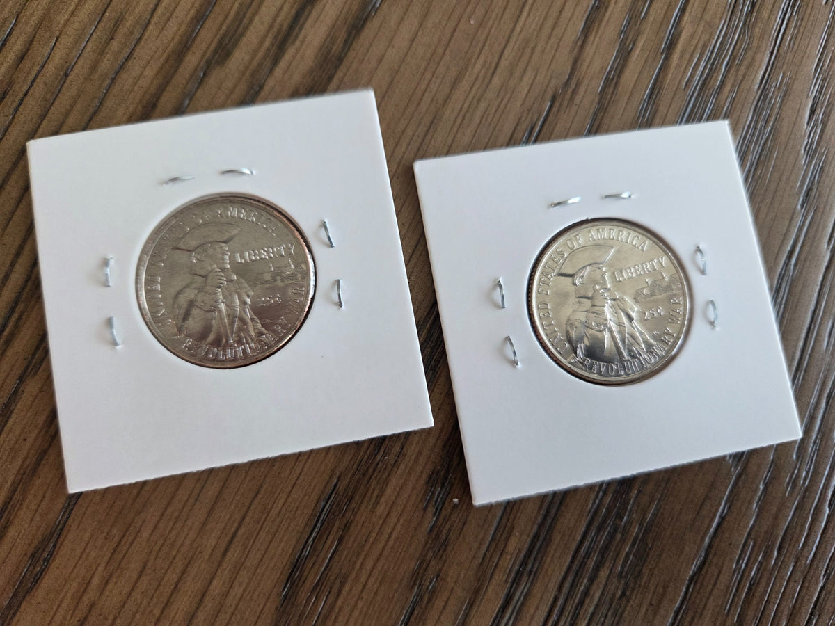 2026 P and D Revolutionary War quarter pair, reverse, photographed in coin holders