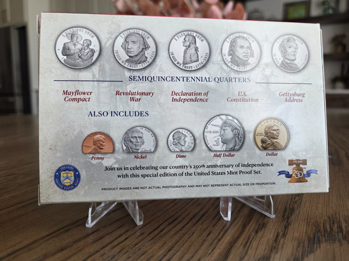 2026 S U.S. Mint Semiquincentennial Proof Set – original U.S. Mint box back and coin design information