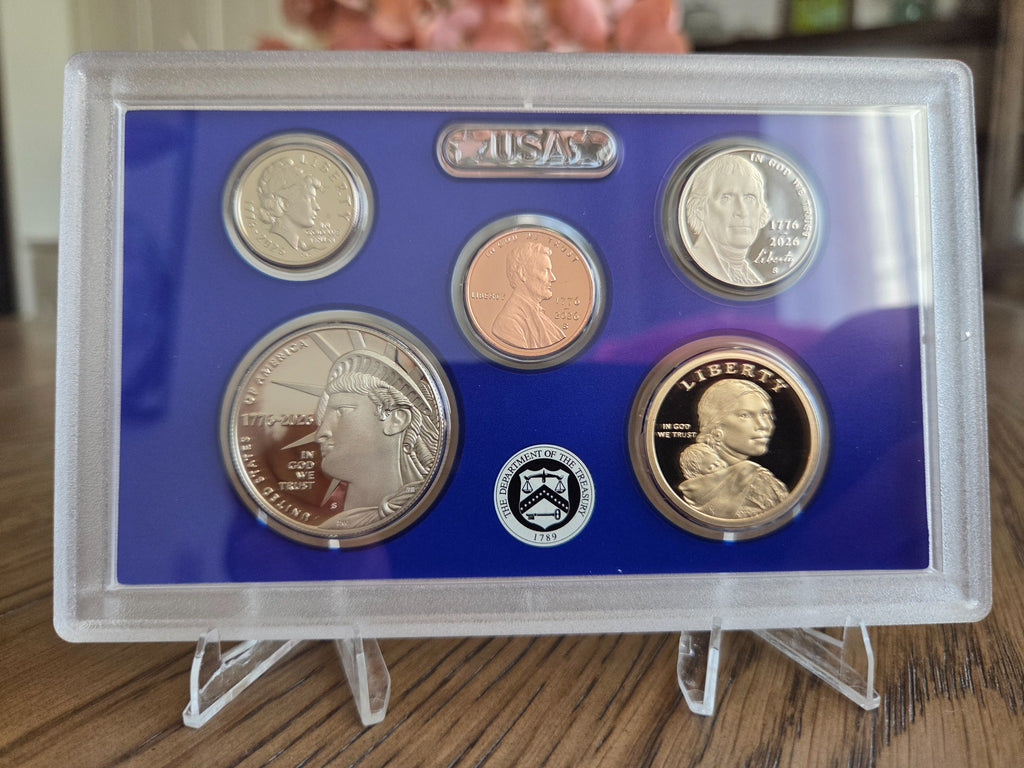 2026 S U.S. Mint Semiquincentennial Proof Set – cent, nickel, dime, half dollar and Native American dollar obverses