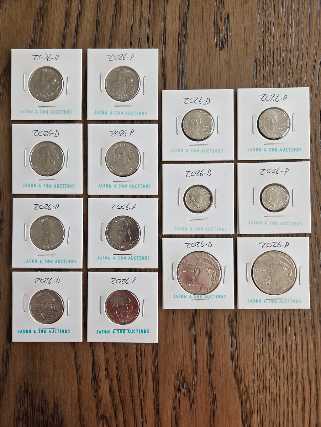 2026 P & D 14-coin set obverses: 8 Semiquincentennial quarters, nickels, Liberty dimes and halves in holders