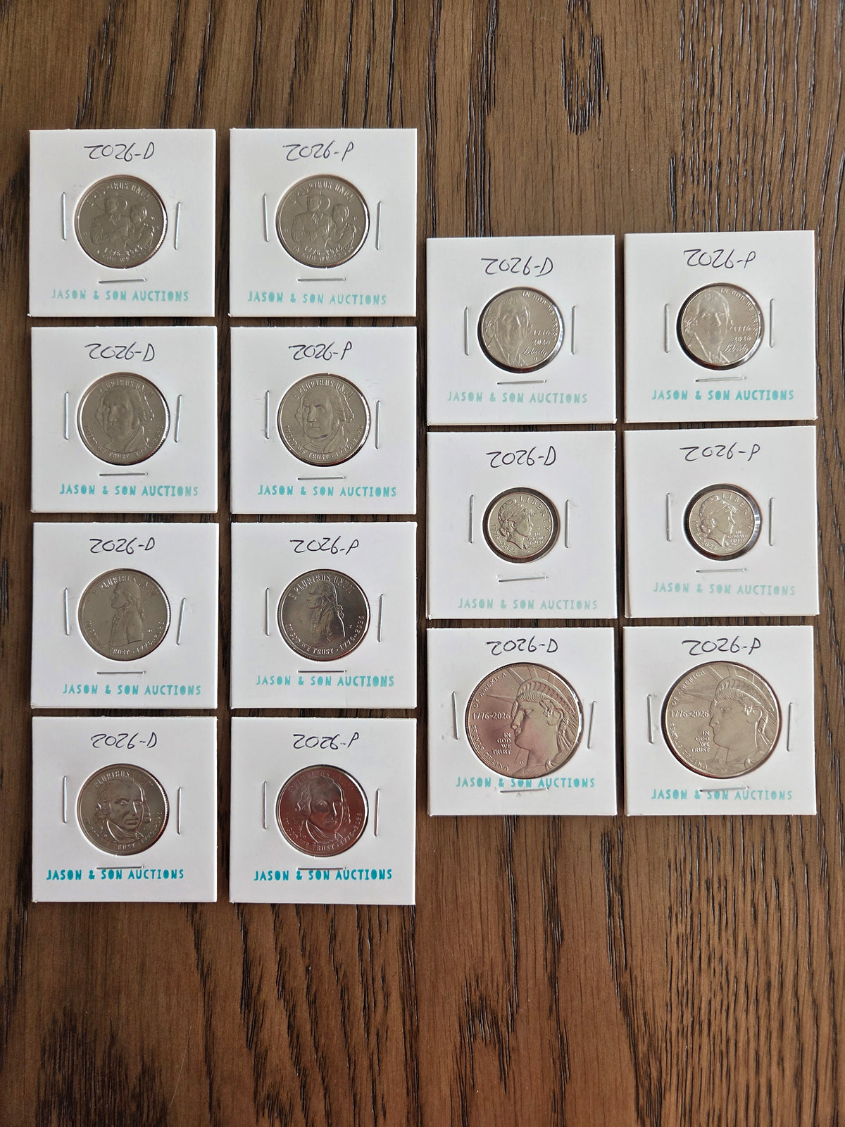 2026 P & D 14-coin set obverses: 8 Semiquincentennial quarters, nickels, Liberty dimes and halves in holders