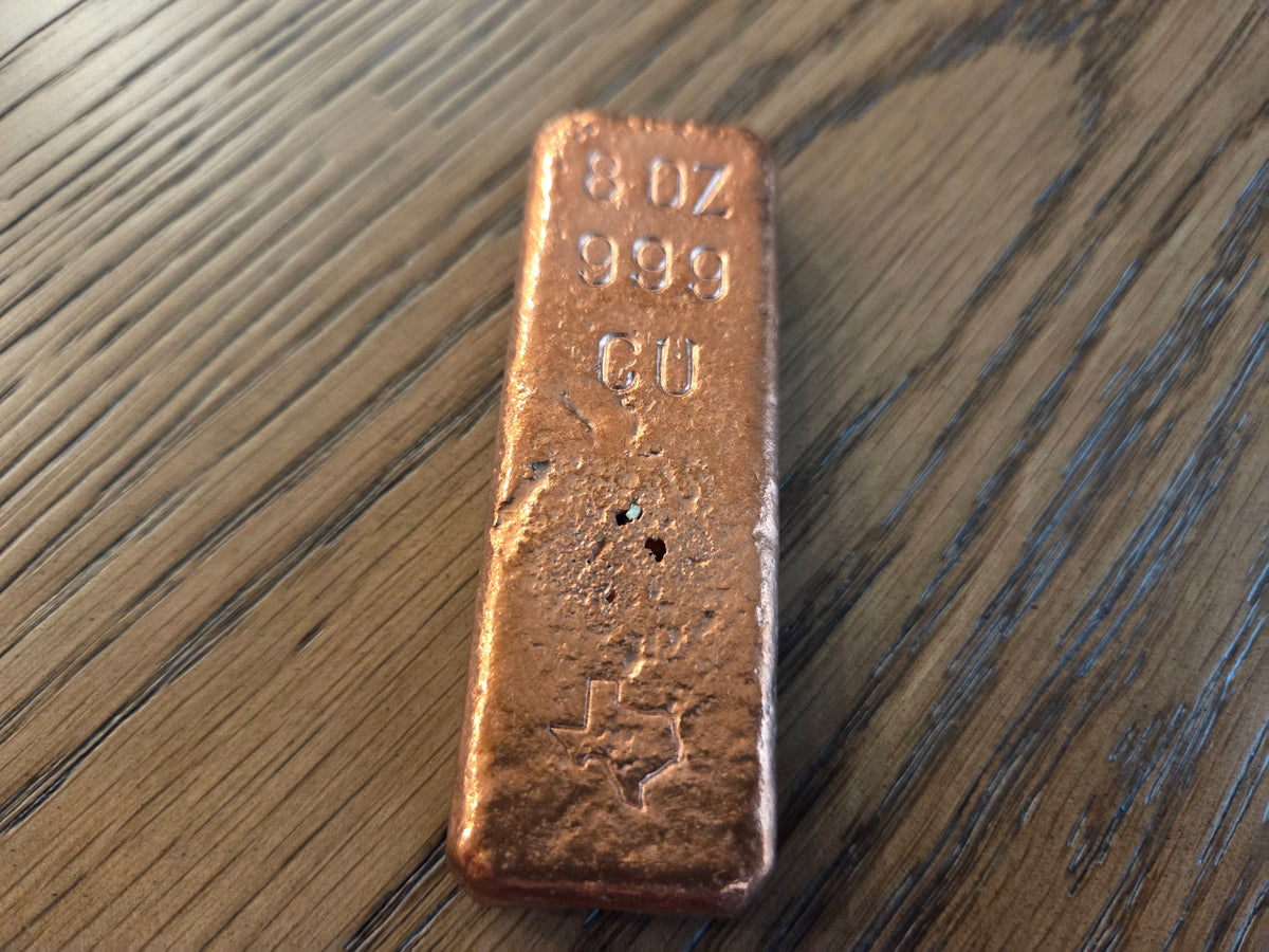 8 oz .999 Copper Hand-Poured Bar – Polished front, exact item, SKU 8OZBAR