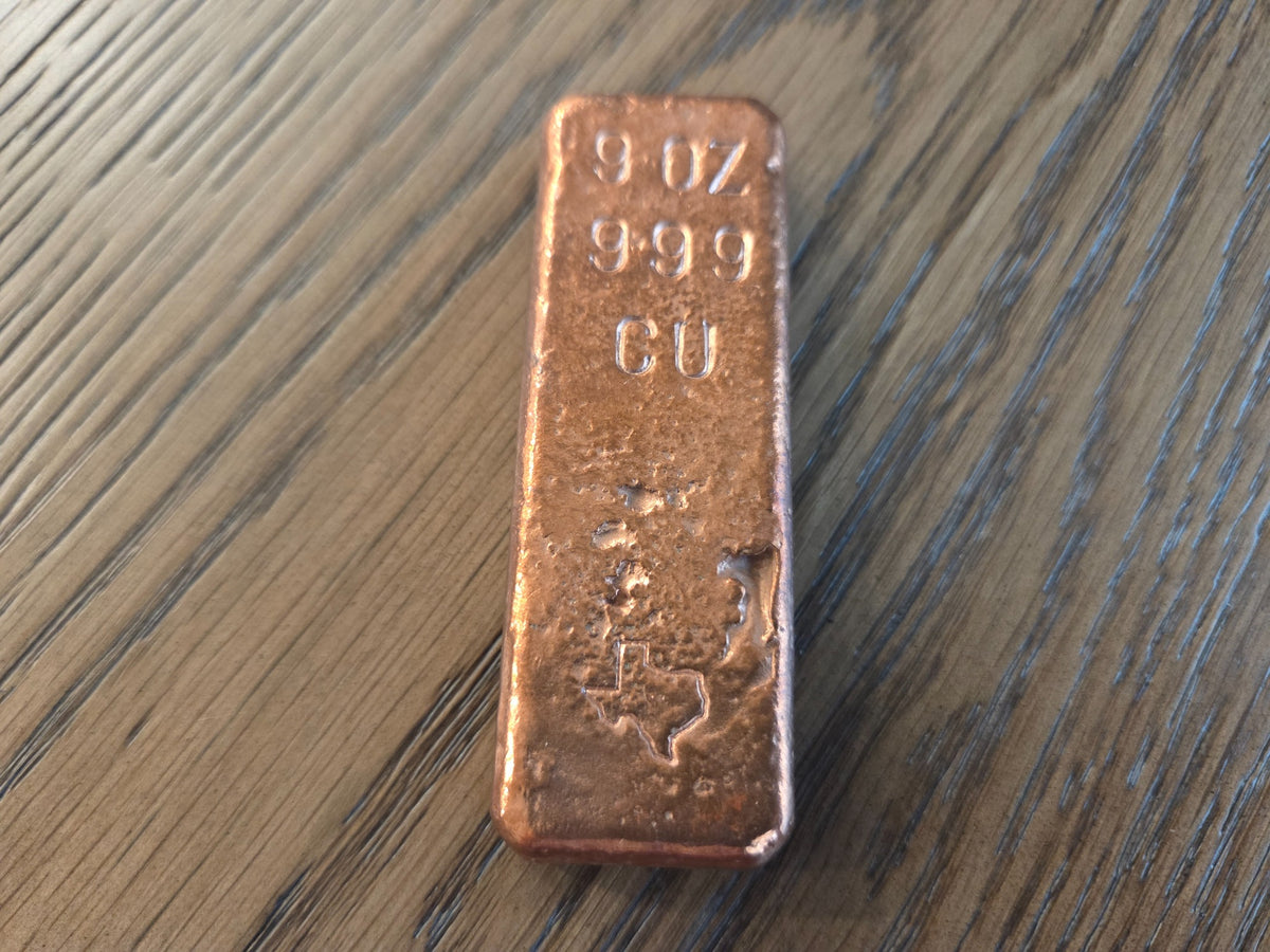 9 oz .999 Copper Hand-Poured Bar – Polished front, exact item, SKU 9OZBAR
