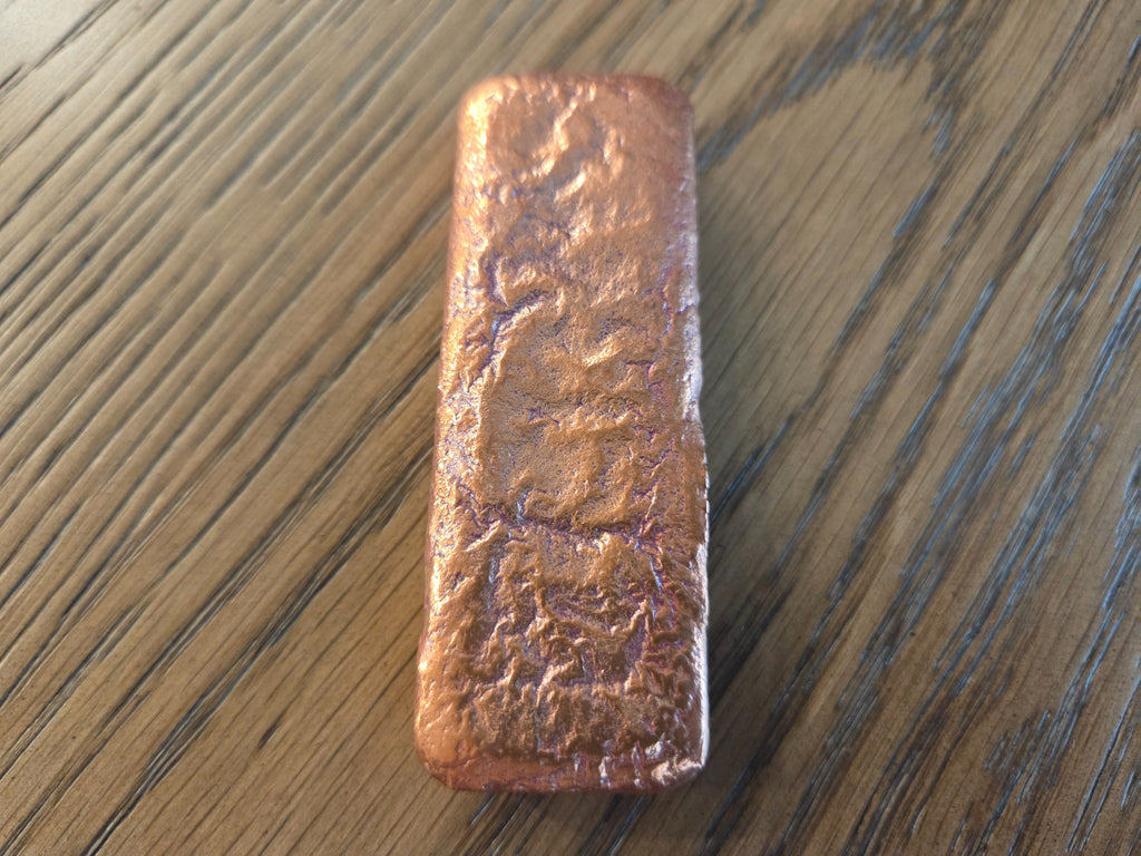 9 oz .999 Copper Hand-Poured Bar – Polished reverse, exact item, SKU 9OZBAR