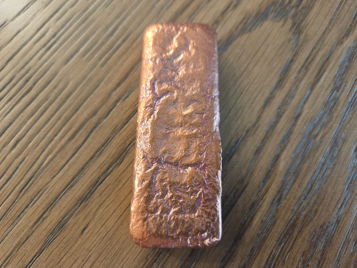 9 oz .999 Copper Hand-Poured Bar – Polished reverse, exact item, SKU 9OZBAR
