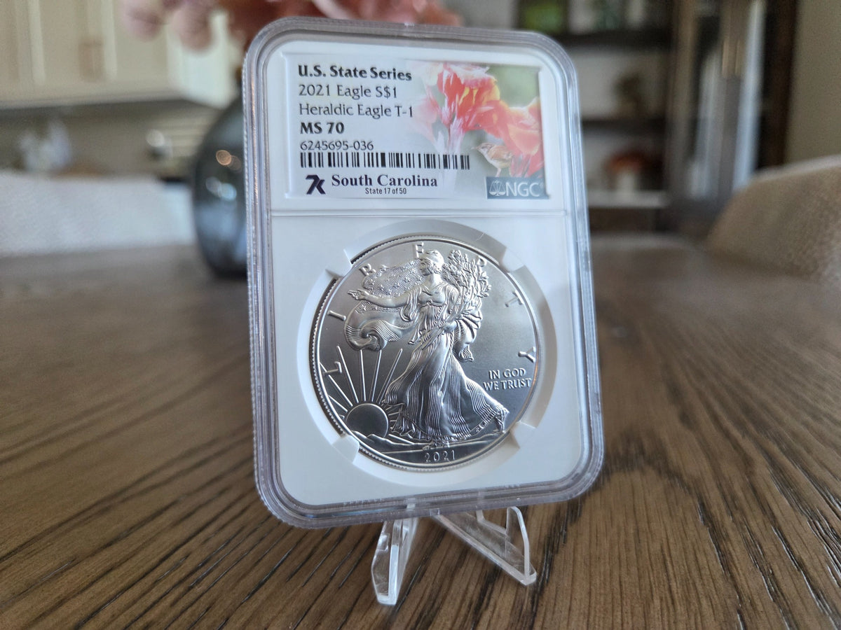 2021 Type 1 Silver Eagle NGC MS70 South Carolina label — obverse