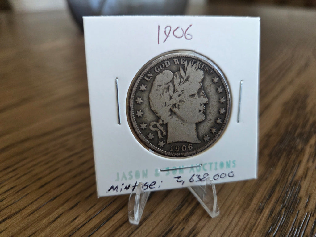 1906 Barber Half Dollar – 90% Silver, obverse of exact coin BHD0003