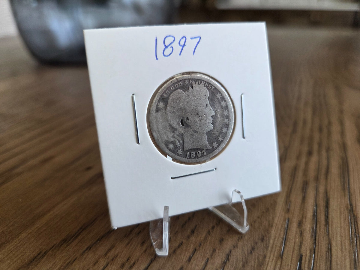 1897 Barber Quarter – Damaged / Slightly Bent – 90% Silver, obverse of exact coin BQ0002