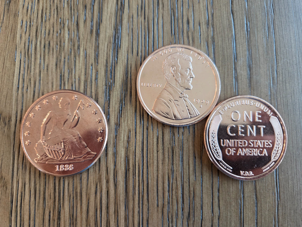 Wheat cent and Seated Liberty copper rounds and tube