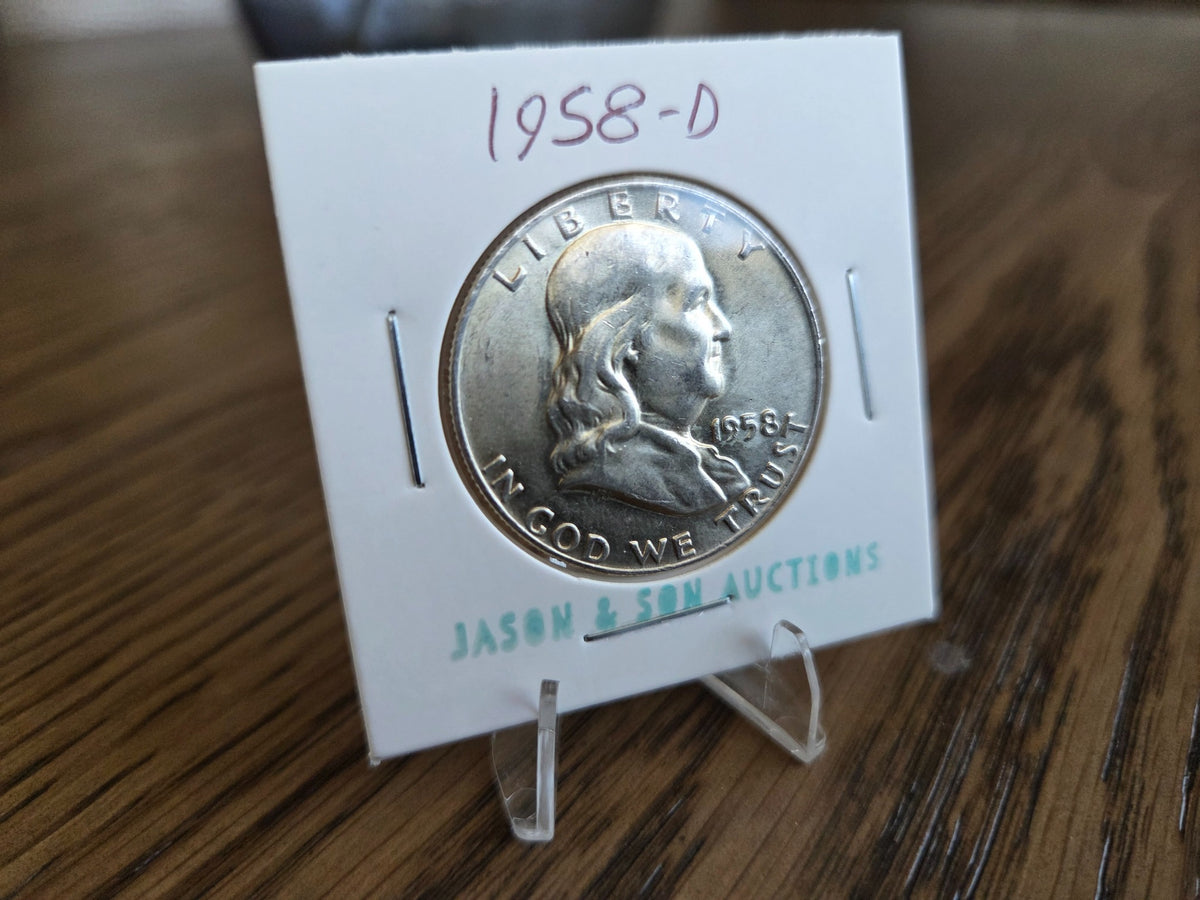 1958-D Franklin Half Dollar – 90% Silver, obverse of exact coin FHD0002
