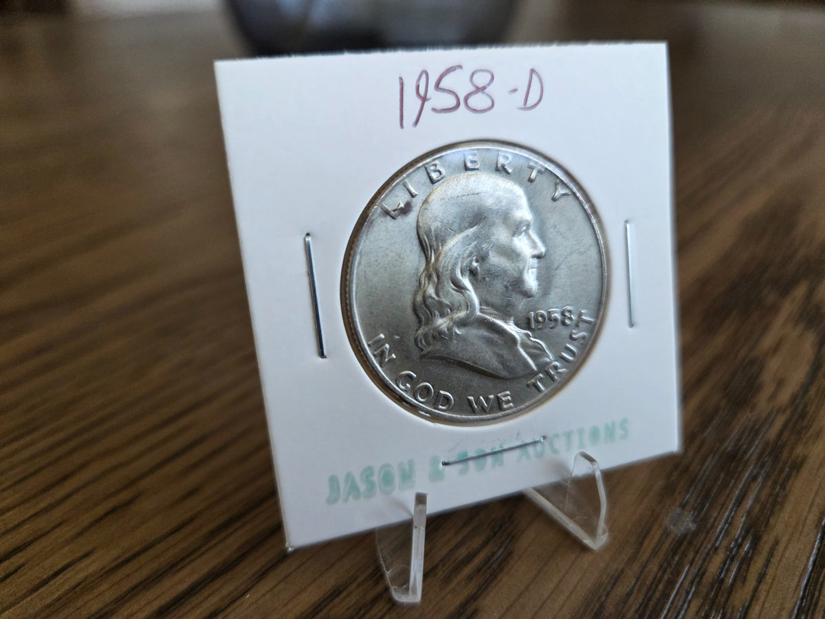 1958-D Franklin Half Dollar – 90% Silver, obverse of exact coin FHD0003