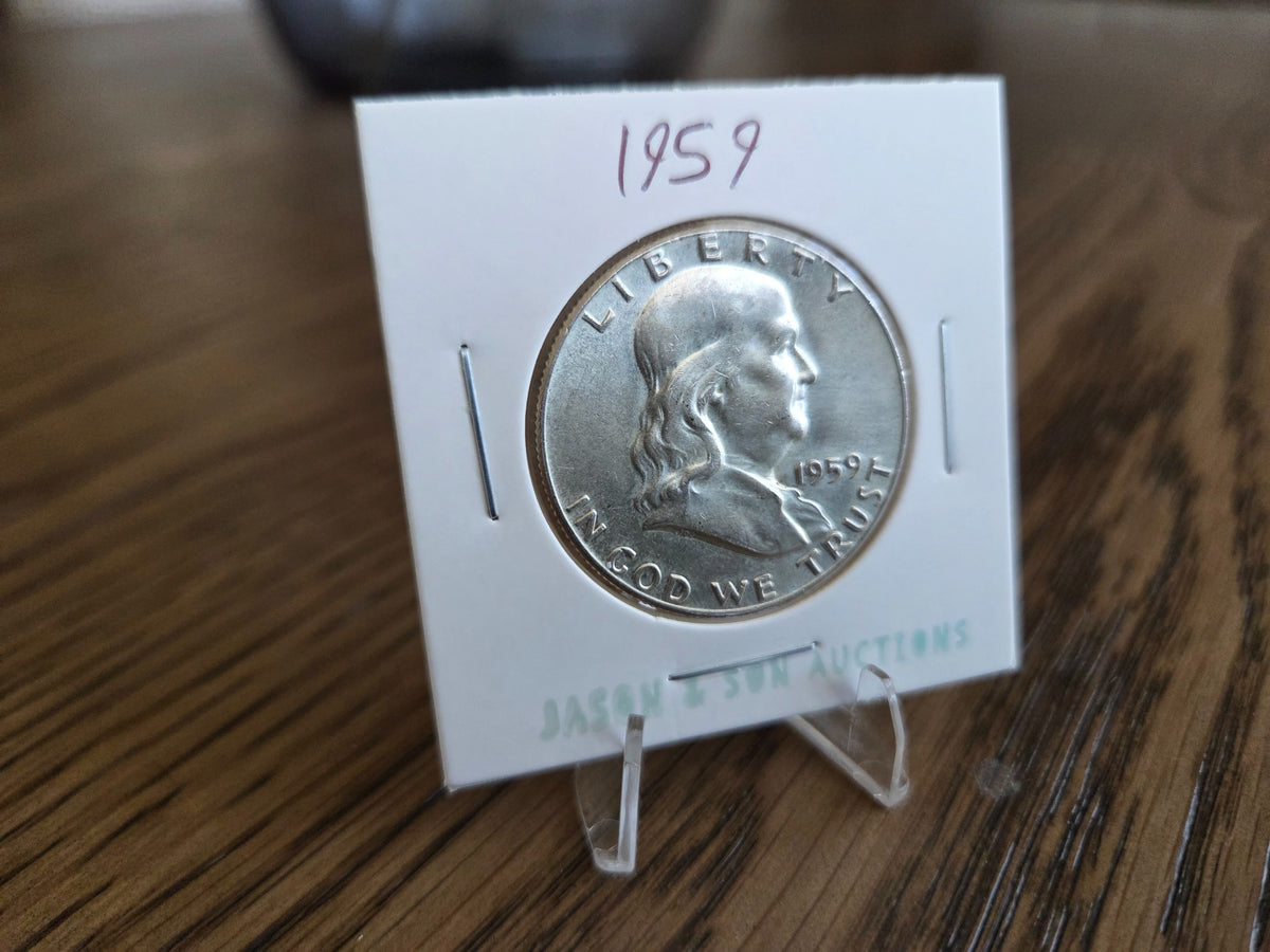 1959 Franklin Half Dollar – 90% Silver, obverse of exact coin FHD0004