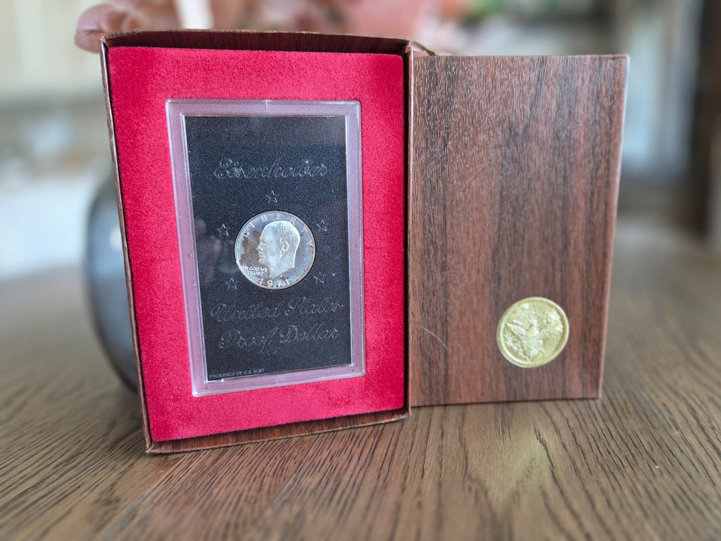 1971-S Eisenhower silver Proof dollar in brown box — coin obverse in original case with box