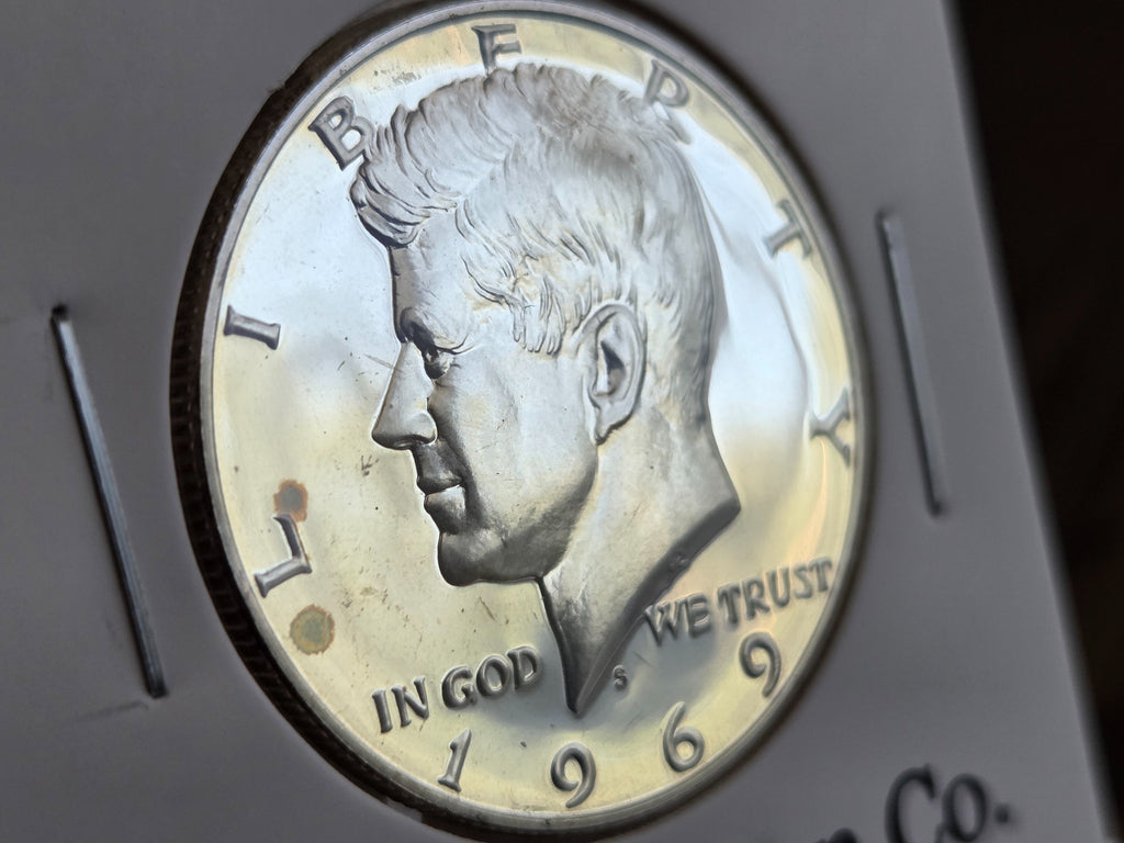 1969-S Proof Kennedy half dollar — obverse close-up, visible toning spots