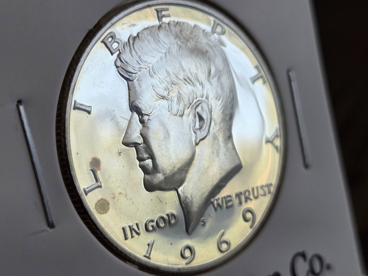 1969-S Proof Kennedy half dollar — obverse close-up, visible toning spots