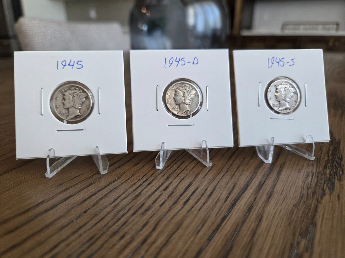 Obverses of exact 1945 P D S Mercury dime set MD0002