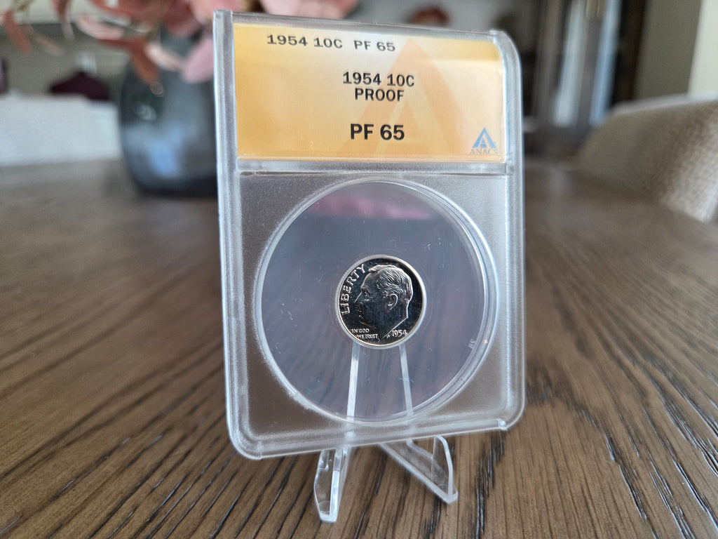 1954 Roosevelt Proof Dime – 90% Silver – ANACS PF65 – obverse and holder