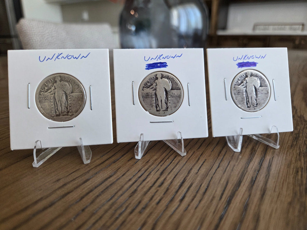 Obverses of exact three-coin Standing Liberty quarter lot SLQ0003