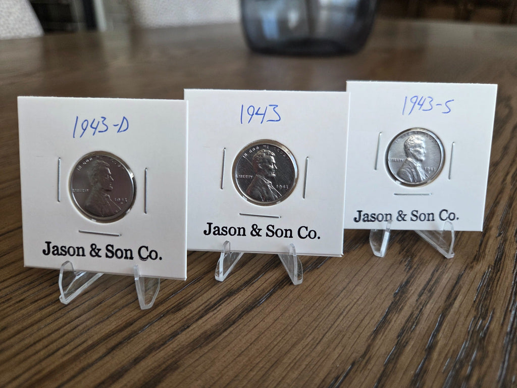 1943 P D S steel Lincoln wheat cents three coin set – obverse/design side