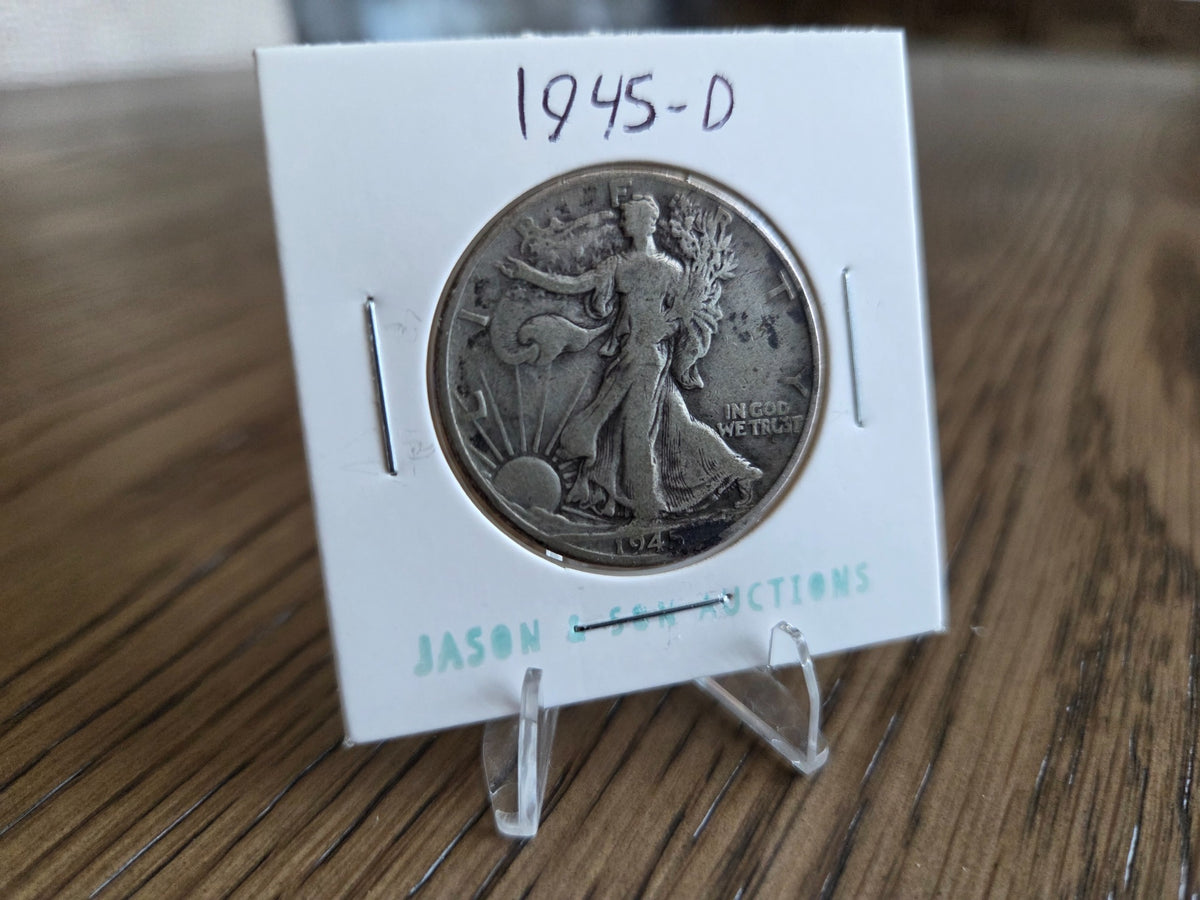Obverse of exact 1945-D Walking Liberty half dollar WLH0027