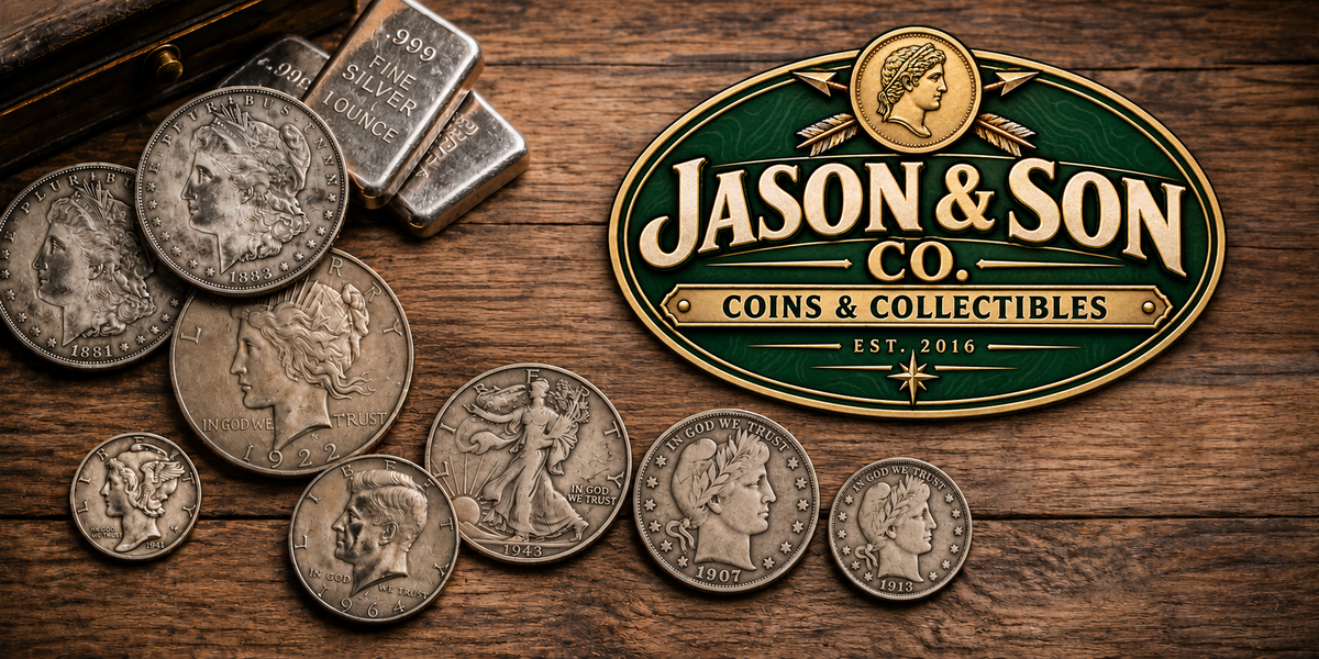 Collectible silver coins and bullion on wood with the Jason & Son Co. Coins & Collectibles logo